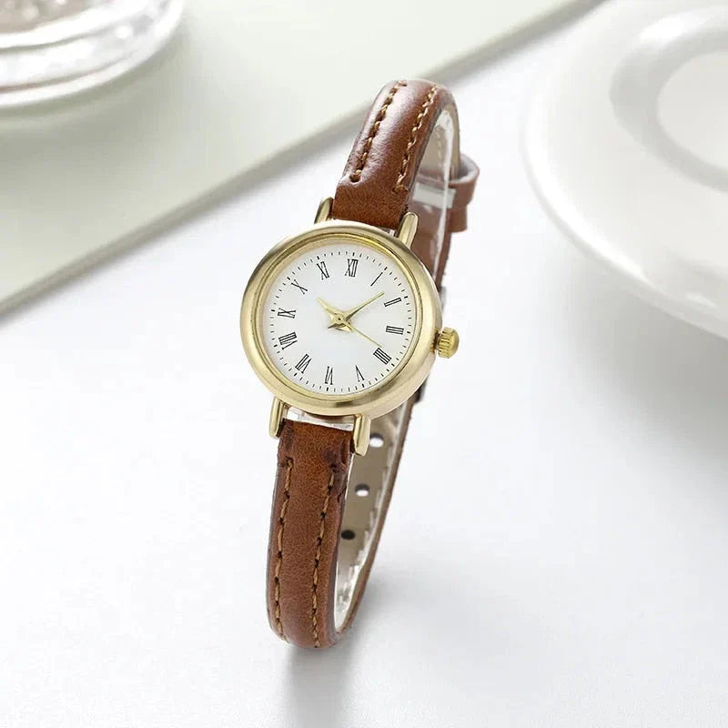 Elegant brown leather quartz watch with minimalist design, perfect for Kiwi women