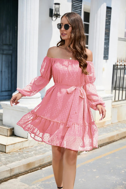 Stylish one-shoulder chiffon dress with bubble dot ruffle design and tie-waist silhouette