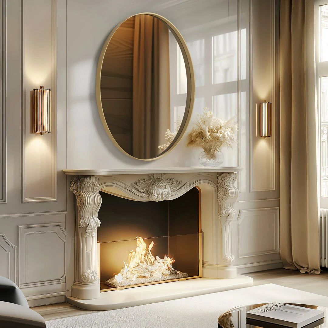 Stylish oval gold-framed wall mirror with a contemporary and elegant design, suitable for decorating Kiwi homes.
