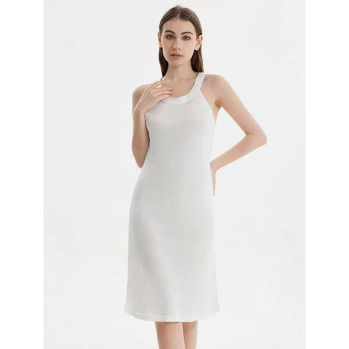 Elegant silk-blend halter midi dress in green and white, perfect for Kiwi women's summer fashion