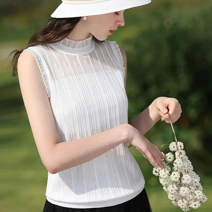 Elegant lace mullet tank top with stand-up collar, featuring a versatile design for both casual and professional wear.