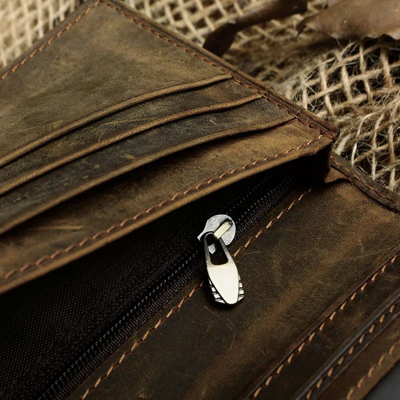 Premium leather men's long wallet in vintage Crazy Horse style, designed for the modern Kiwi lifestyle