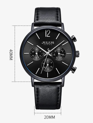 Stylish Multi-Function Quartz Waterproof Watch with a sleek design, durable mineral-reinforced glass, and comfortable leather strap