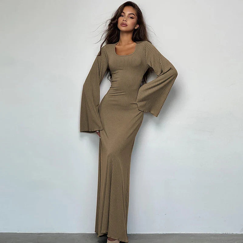 Women's U-Neck Dress with Lace-Up Back and Long Bell Sleeves in Assorted Colours