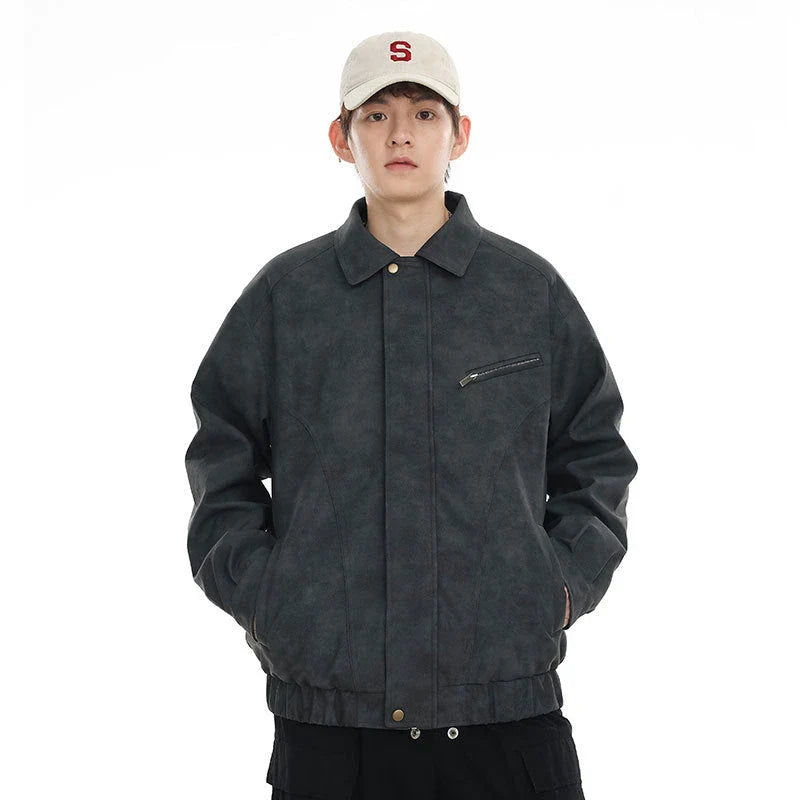 Kiwi-inspired leather jacket with a relaxed, loose fit and classic design elements