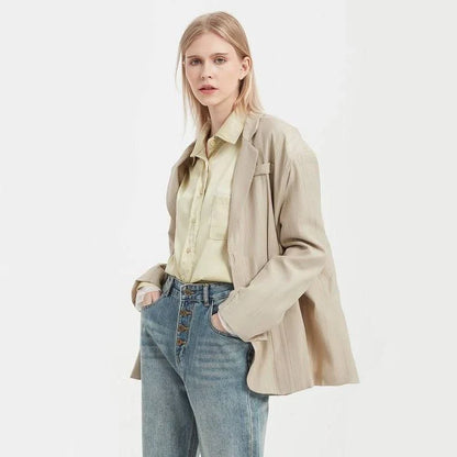 Timeless khaki blazer for Kiwi women, featuring a minimalist yet chic design for any occasion.