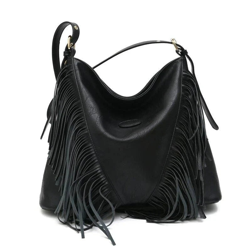 Elegant vegan leather shoulder bag with stylish tassel fringe in black color