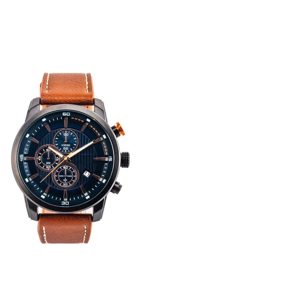 Stylish leather sports watch with single calendar movement and water-resistant alloy case