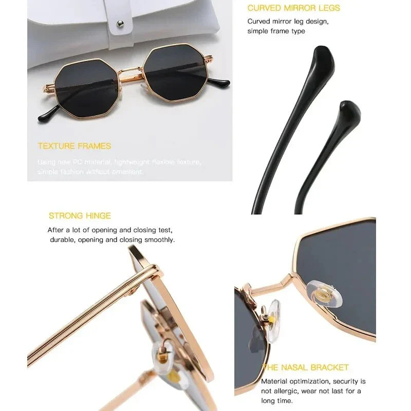 Stylish polygonal metal sunglasses with alloy frames and polycarbonate lenses, providing UV protection and contemporary flair for Kiwi fashion enthusiasts.