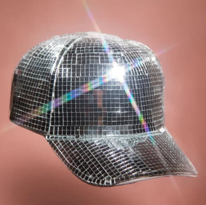 Silver mirror peaked cap with a stylish and reflective design, perfect for summer parties and events