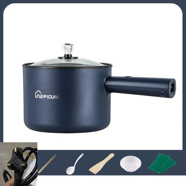 Versatile electric cooker in Emerald Green and Sapphire Blue colours, featuring manual and smart pot models with steaming grids for a range of cooking functions.