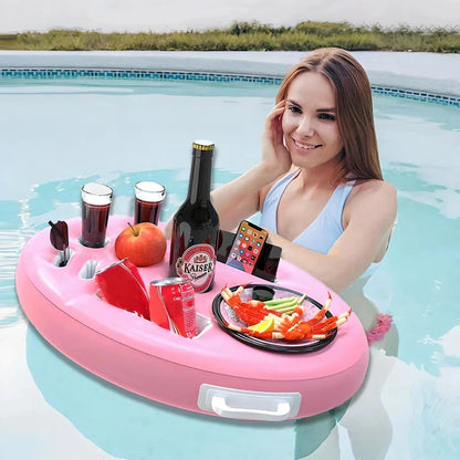 Inflatable drink holder with multiple compartments for cans, bottles, and snacks, designed for easy use in pools, at the beach, and other summer activities.