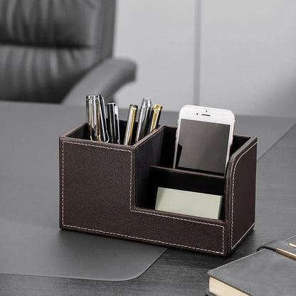 Stylish leather pen organiser in black and brown colours, designed for modern Kiwi workspaces