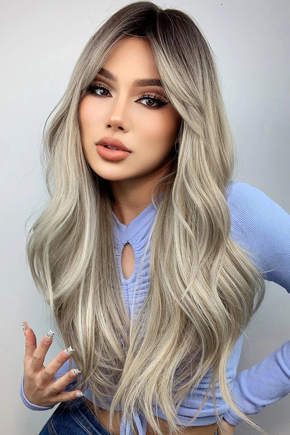 Stylish 26-inch long wave synthetic wig in silver/gray color with comfortable basic cap construction