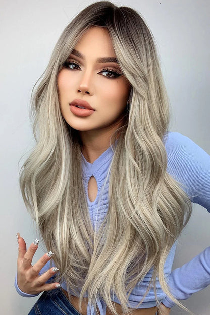 Stylish 26-inch long wave synthetic wig in silver/gray color with comfortable basic cap construction