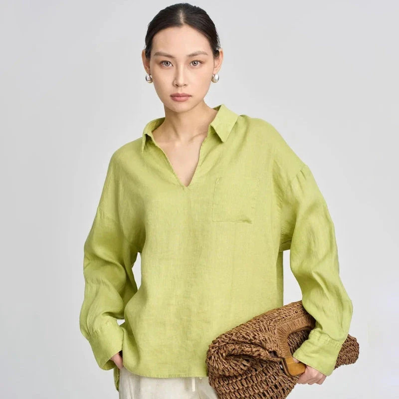 Linen V-neck Long Sleeved Shirt for Women, featuring a sustainable, breathable design in a versatile khaki color