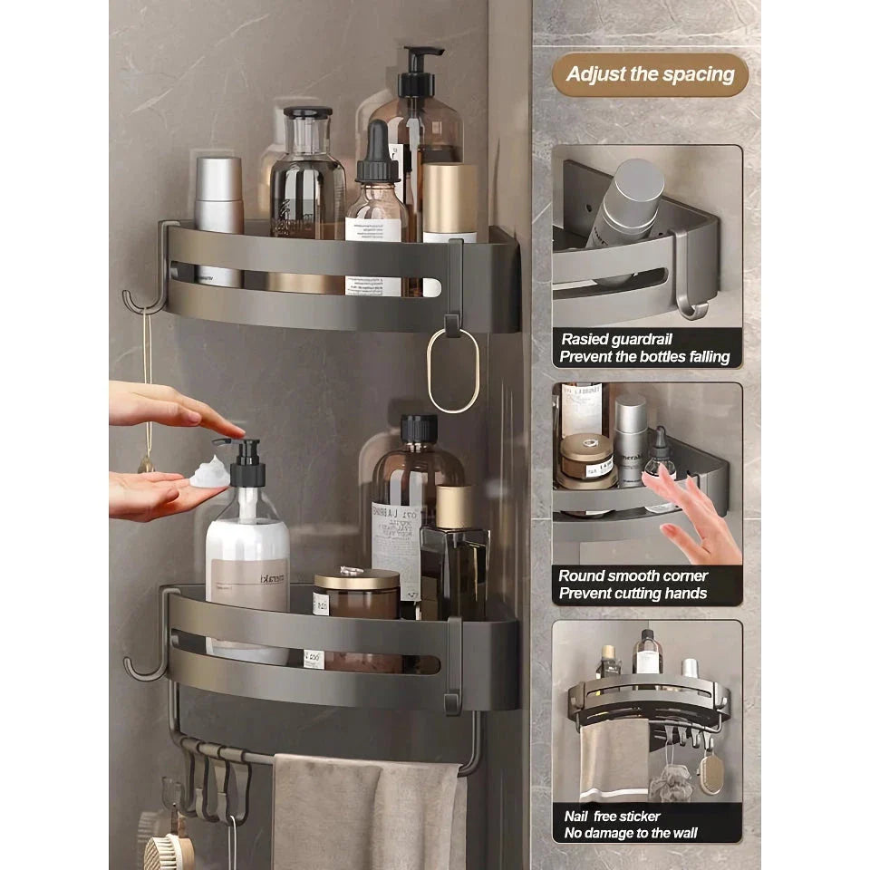 Adhesive Bathroom Shampoo Holder with dual-tier shelves in sleek grey aluminium alloy