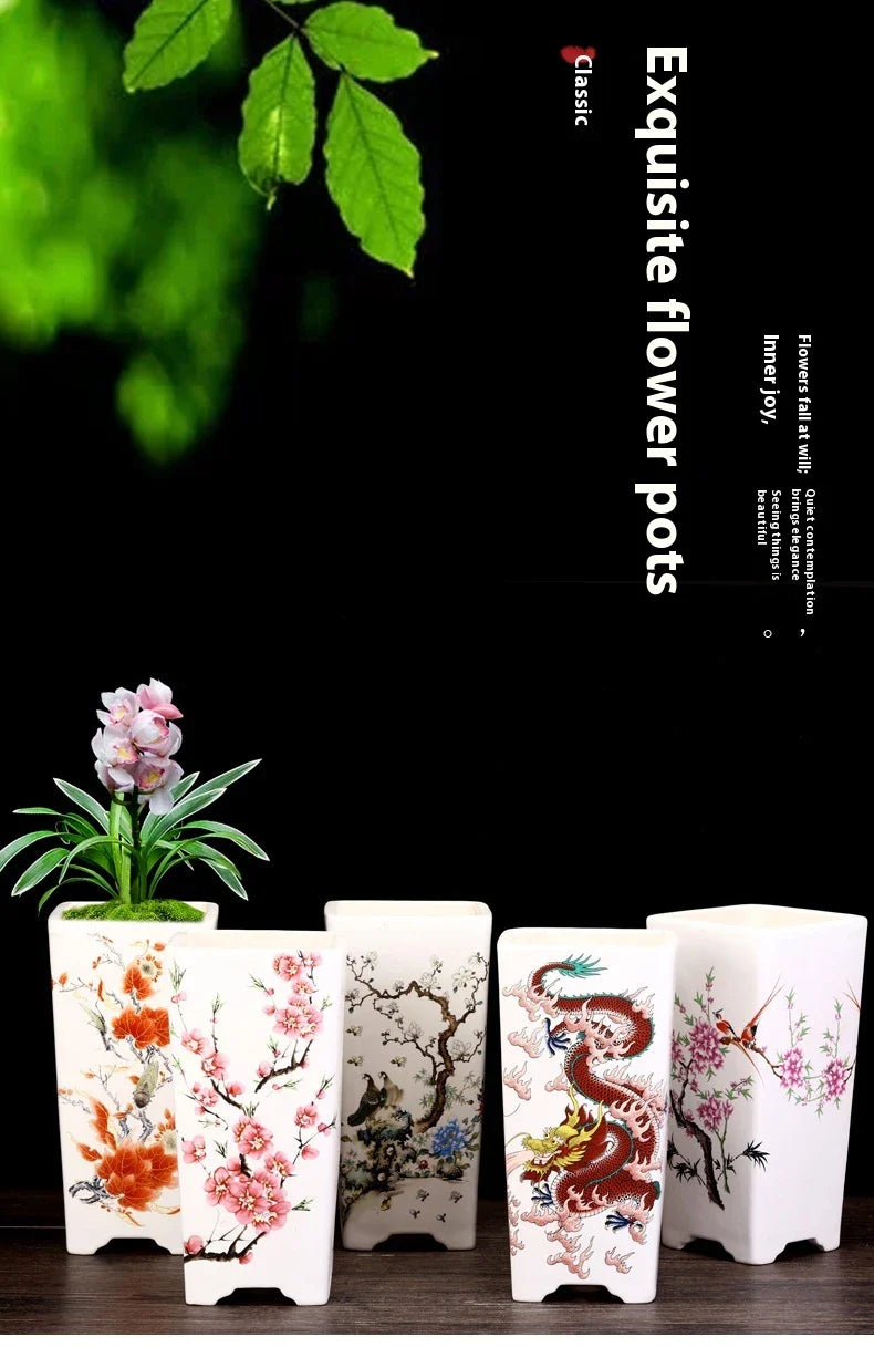 Stylish square ceramic planter in white, suitable for growing asparagus fern, orchids, and herbs on balconies or patios.