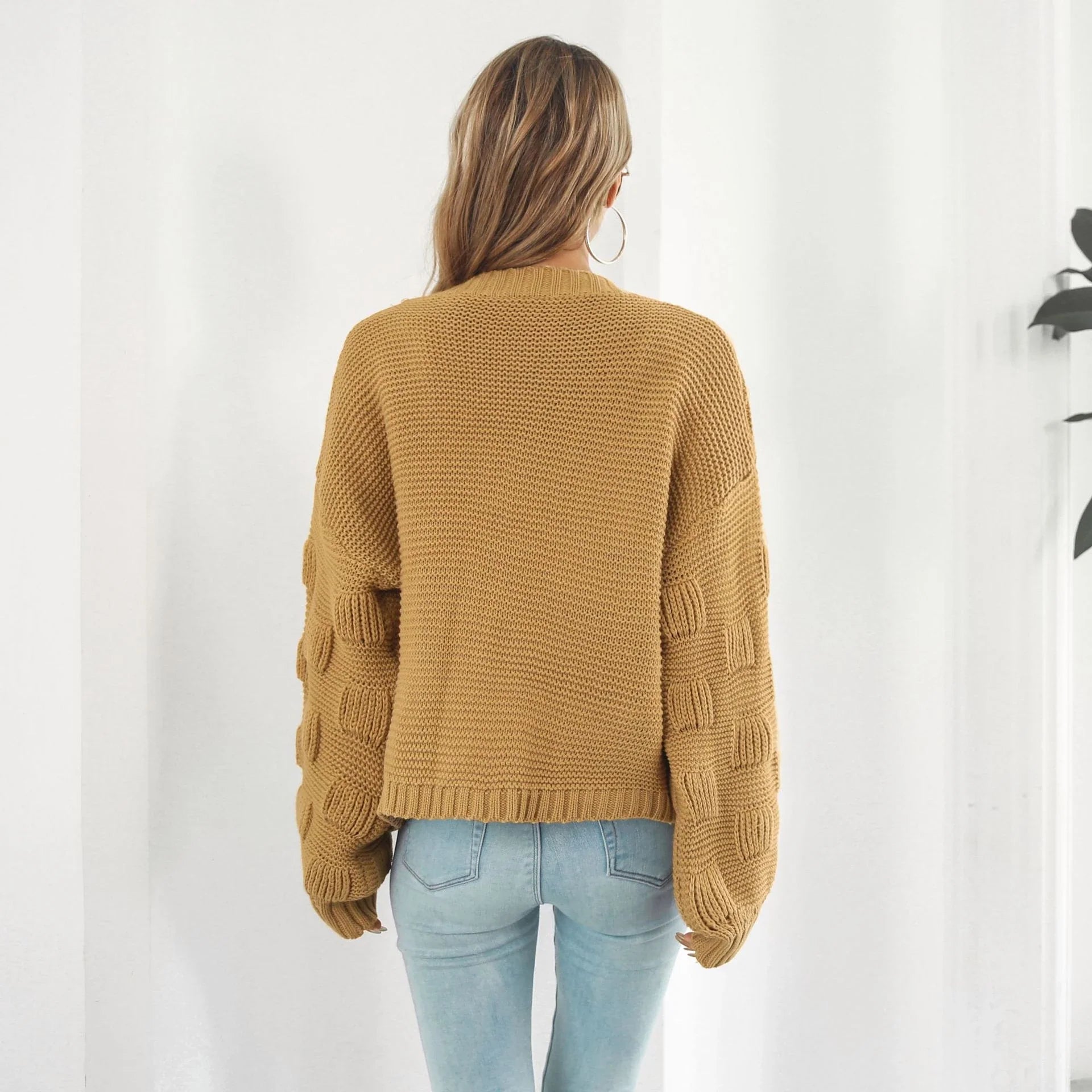 Stylish puff sleeve cardigan in army green and wheat yellow, made from soft, cosy acrylic knit material