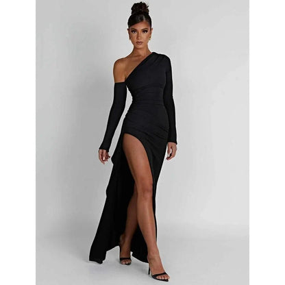 Elegant oblique shoulder maxi dress with backless design and thigh-high split for upscale evening events