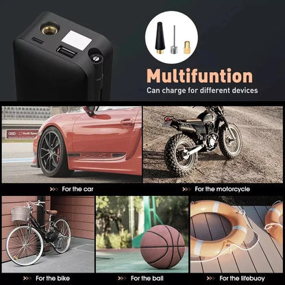 Compact USB Electric Air Pump with Digital Display - Portable, Wireless Tyre Inflator and Power Bank