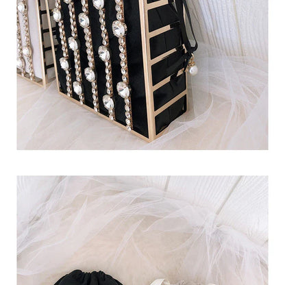 A stylish Kiwi-designed diamond-studded dinner bag with metallic accents, showcasing a range of premium features like lace, plaid, and sequins.