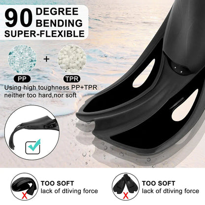 Adjustable Travel Snorkel Fins in different colours, designed for comfort, performance, and versatility in the water.