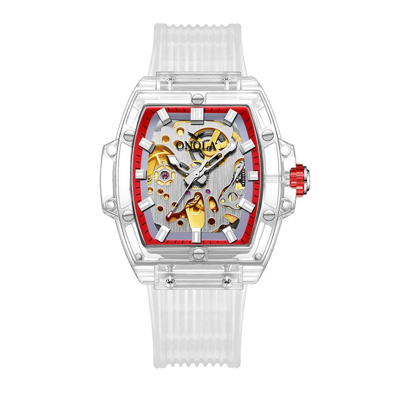 Trendha Skeleton Automatic Watch with Silicone Strap in Transparent White and Red