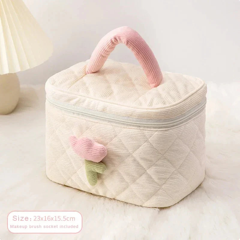 Stylish Corduroy Cosmetic Bag with Tulip Flower Design, Providing Ample Storage and Kiwi-Inspired Charm for Travellers