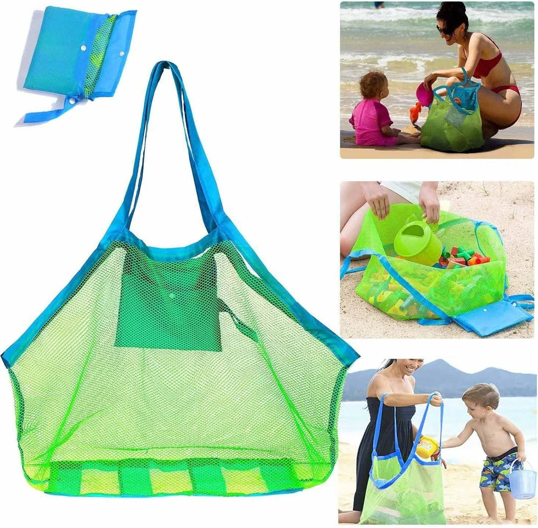 Versatile mesh beach bag in green, featuring a roomy interior, reinforced bottom, and breathable design for outdoor activities