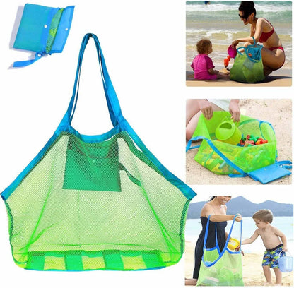 Versatile mesh beach bag in green, featuring a roomy interior, reinforced bottom, and breathable design for outdoor activities