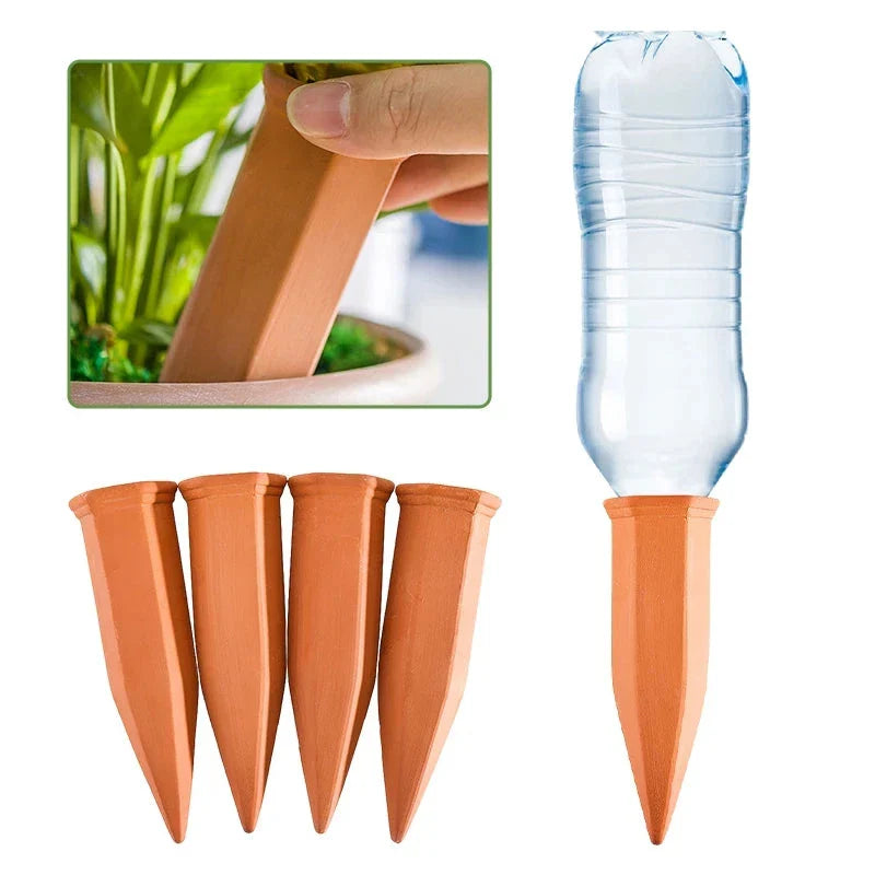 Set of four terracotta plant watering spikes for effortless hydration of potted plants