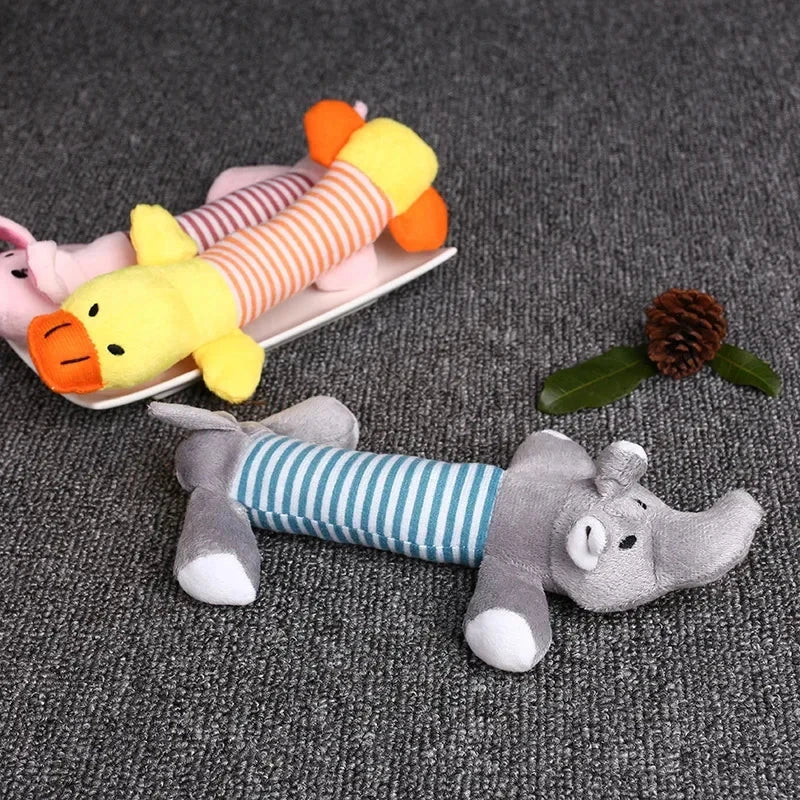 Durable squeaky plush dog toy with textured surface for teeth cleaning and engaging playtime