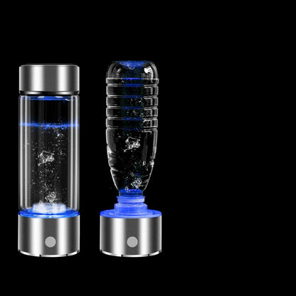 Stainless steel water bottle with blue color and one-touch lid, filled with hydrogen-rich water