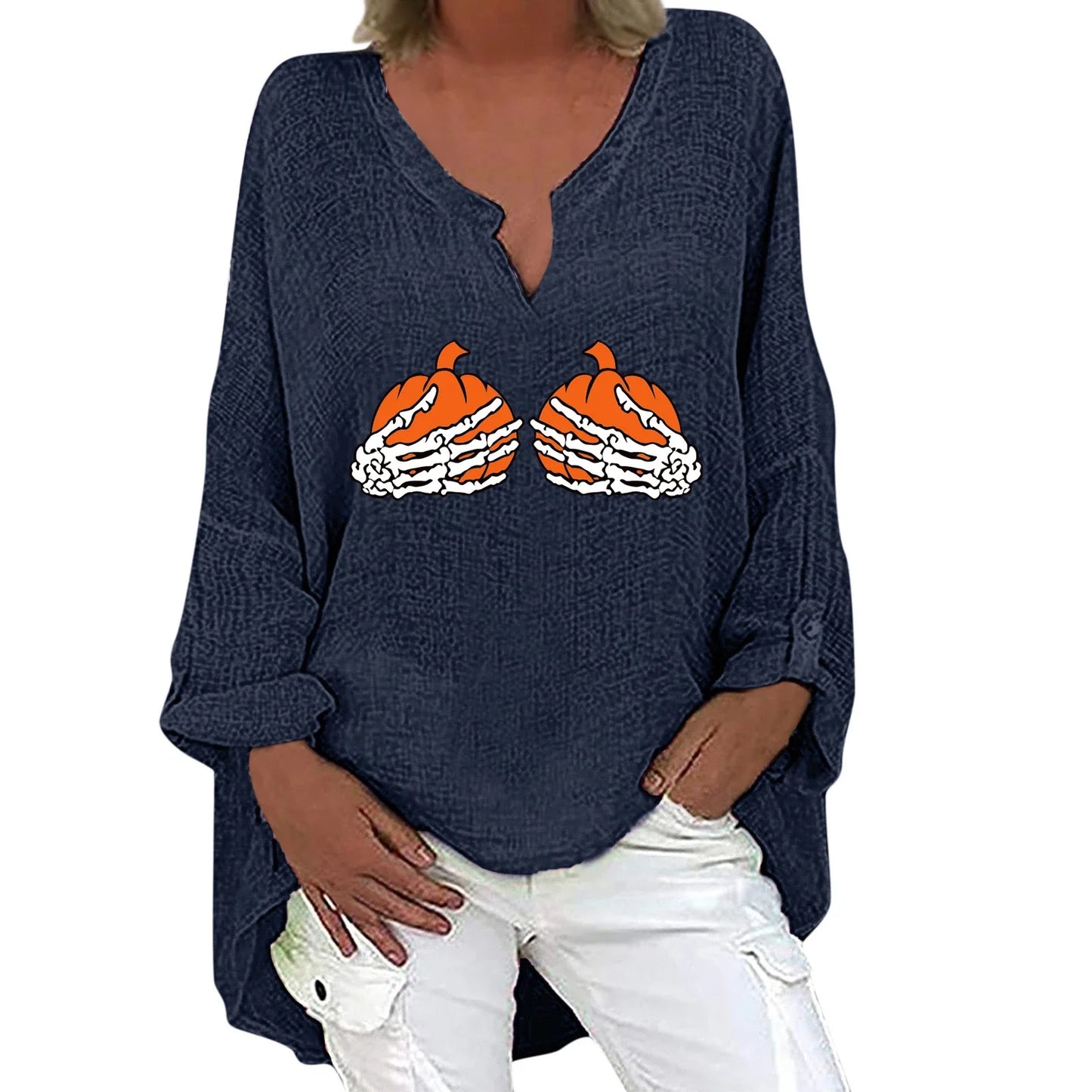 Trendha women's long sleeve shirt with Halloween-themed print, made from a soft cotton-linen blend fabric