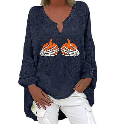 Trendha women's long sleeve shirt with Halloween-themed print, made from a soft cotton-linen blend fabric