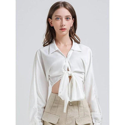 Elegant Vintage V-Neck Long Sleeve Crop Blouse in solid white color, a timeless wardrobe essential for Kiwi women