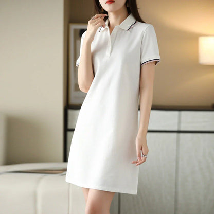 Stylish Kiwi Chic Mid-Length Polo Collar Dress in White, Black, Pink, and Navy Blue colors