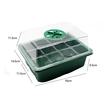 A transparent 12-cell seedling tray with a humidity dome and drainage holes, perfect for growing a variety of plants from seeds.