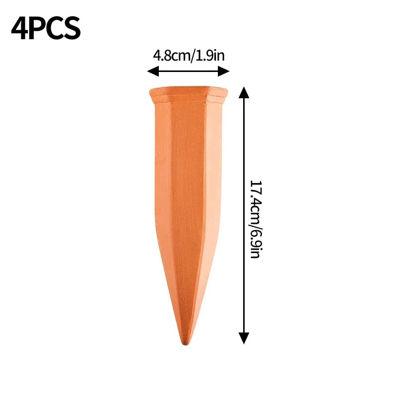 Set of four terracotta plant watering spikes for effortless hydration of potted plants