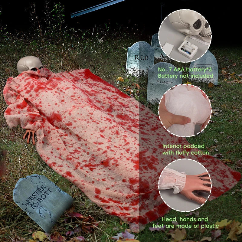 Voice-activated Corpse Prop with Bloodcurdling Cloth and Glowing Hair for Halloween Decoration