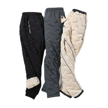 Comfortable and durable padded cotton trousers with cashmere lining, perfect for keeping warm in New Zealand's chilly climate.