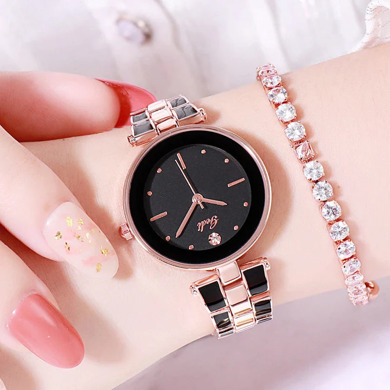 Stylish Korean-inspired ladies watch with white dial, rose gold accents, and quartz movement