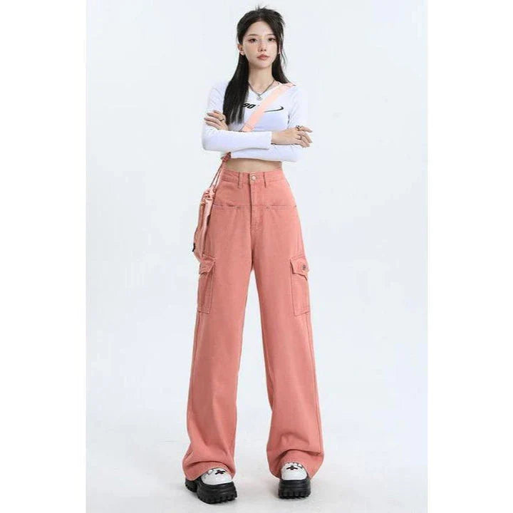 Trendy pink high-waisted baggy jeans with straight-leg design and vintage-inspired details, perfect for the modern Kiwi woman