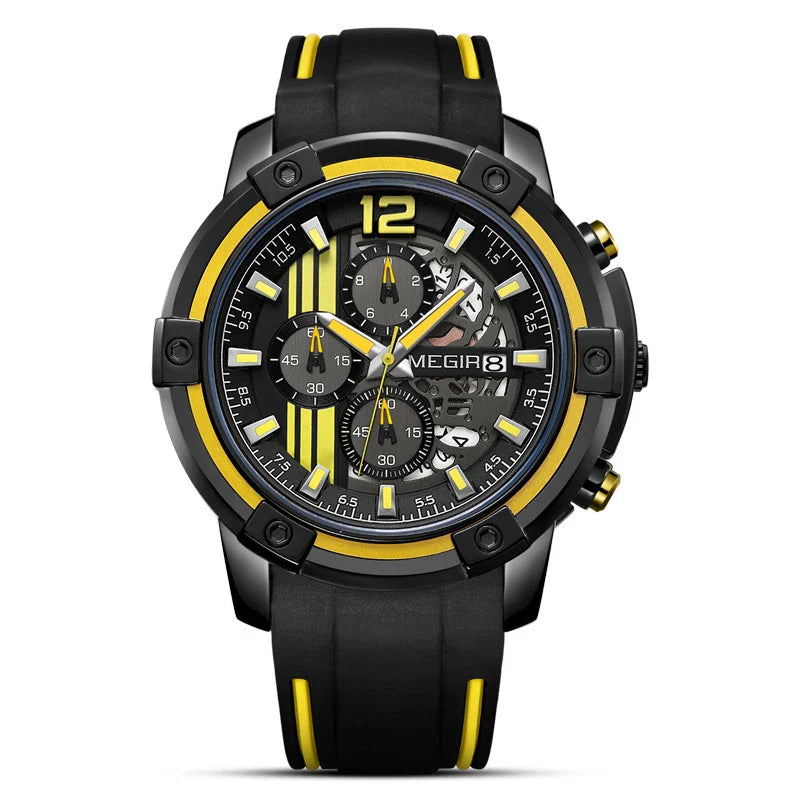 Stylish men's skeleton calendar watch with a large 48mm dial, available in red, yellow, and white face colors with a black strap