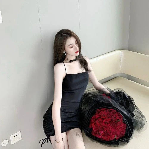 Retro-inspired sleeveless dress with suspender details, made from soft rabbit fur fabric in a range of colors.