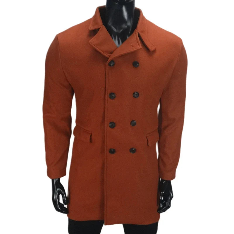 A stylish and warm wool coat for men, featuring a streamlined European-inspired design and practical side pockets.
