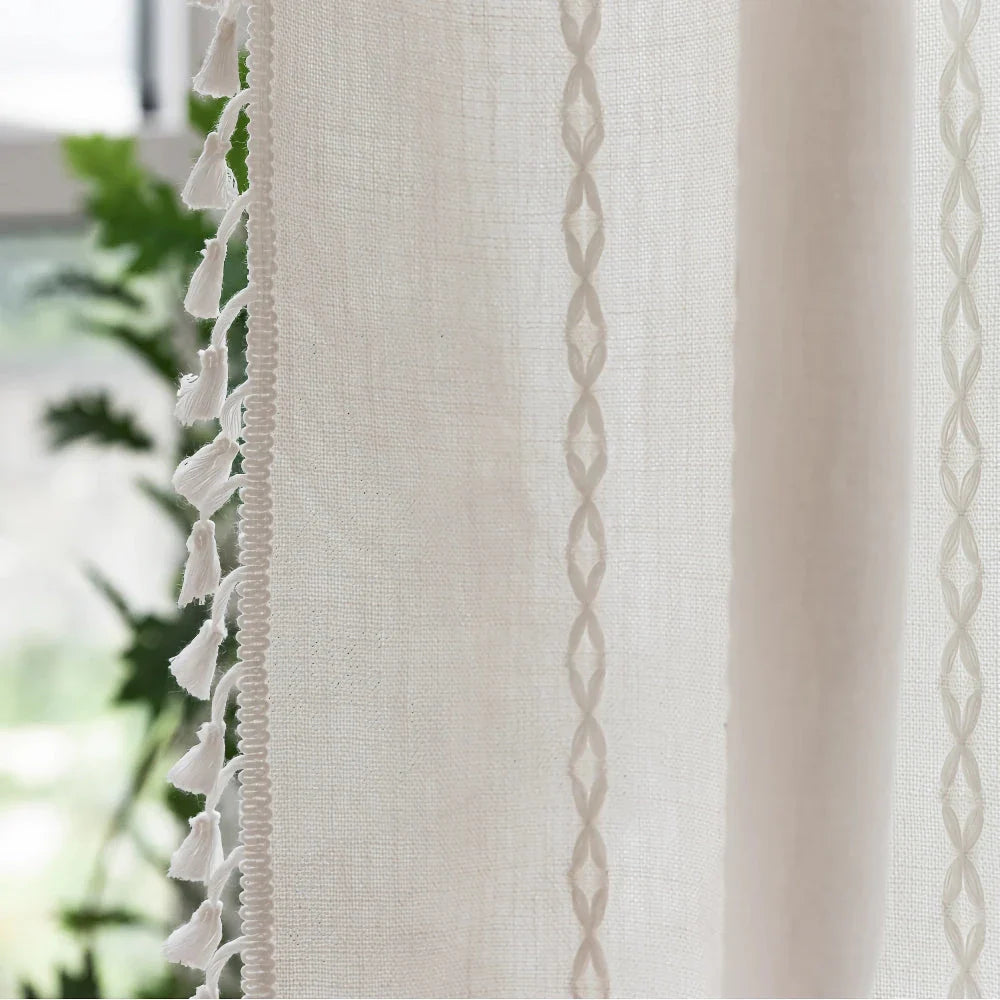 Elegant bohemian-style shower curtain with unique stitching design, perfect for creating a serene and stylish Kiwi bathroom atmosphere.