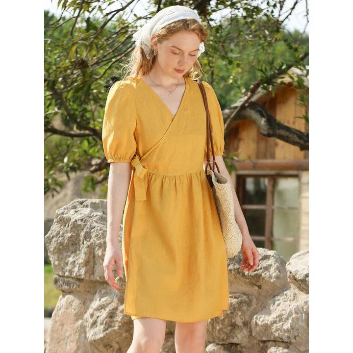 Stylish linen mini dress with puff sleeves and lace-up detail, perfect for Kiwi summer