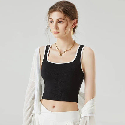 Stylish padded sleeveless crop top in a unique patchwork design, perfect for Kiwi women's active lifestyles.